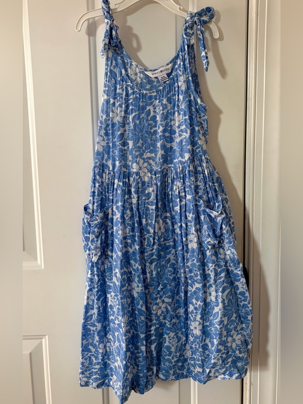 April Cornell Girls Blue and White Floral Dress with Tie Straps Size 9/10